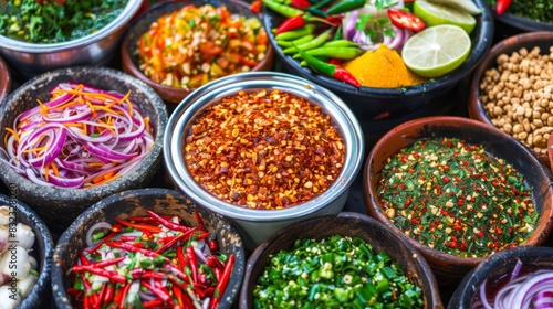 A vibrant scene of Thai street food, with various seasoning options like chili flakes, sugar, and vinegar on display photo