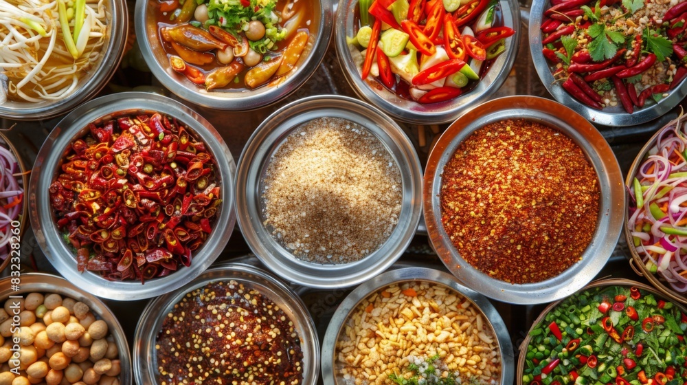 A vibrant scene of Thai street food, with various seasoning options like chili flakes, sugar, and vinegar on display A vibrant scene of Thai street food, with various seasoning options like chili flakes, sugar, and vinegar on display