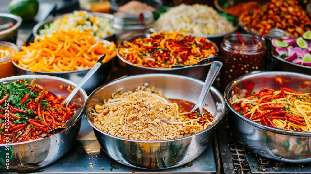 A vibrant scene of Thai street food, with various seasoning options like chili flakes, sugar, and vinegar on display