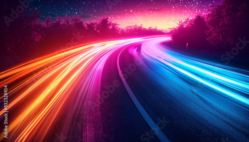 Vibrant light trails glowing on a road under a starry sky, creating a mesmerizing and dynamic scene at dusk.