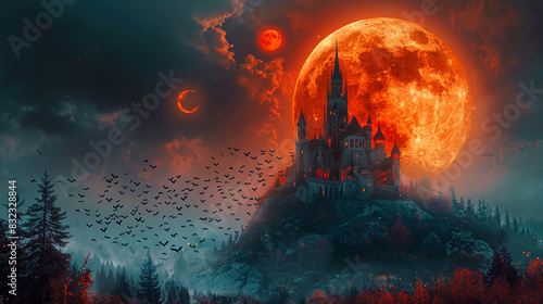A vampires castle on a hill, surrounded by bats and illuminated by the full moon photo