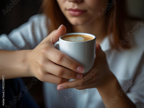 closeup woman hands holding coffee cup with sad