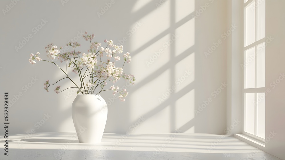 white wall and shadow from window, white vase with flowers, for placing products or video backgrounds white wall and shadow from window, white vase with flowers, for placing products or video backgrounds