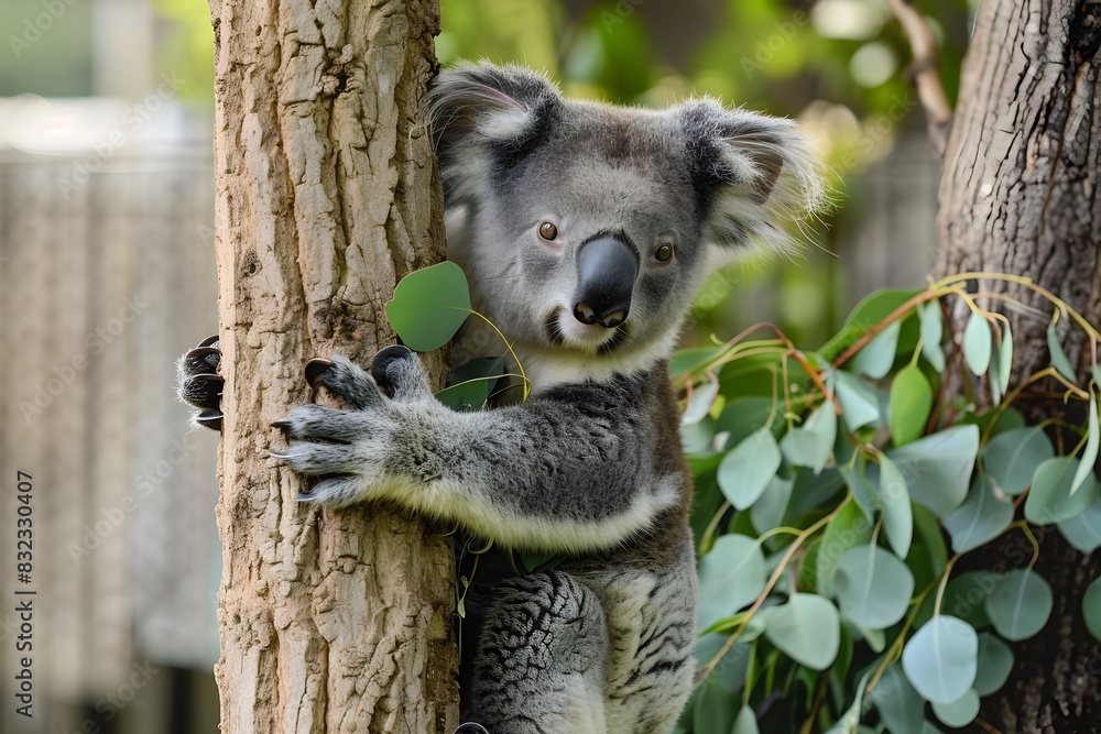 Fototapeta premium Adorable Koala Hugging Eucalyptus Tree in Natural Habitat