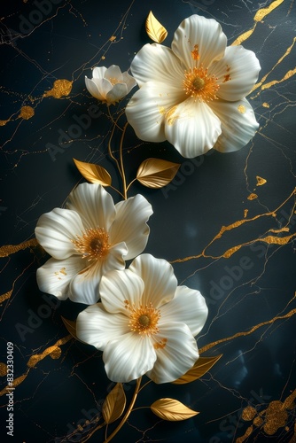 Three White Flowers With Gold Leaves on a Black Background