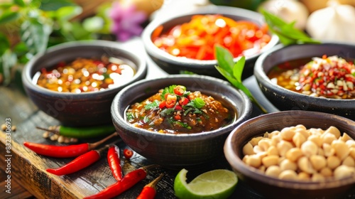 An array of Thai dipping sauces, including nam pla prik and peanut sauce, in small bowls on a beautifully set table photo
