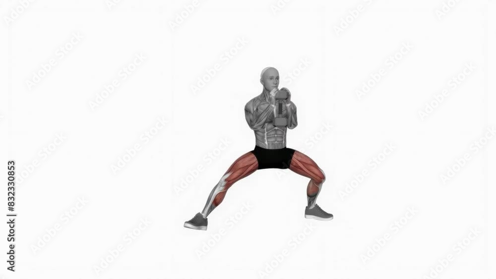 3D illustration animation of a fitness male model doing the dumbbell cossack squat workout 3D illustration animation of a fitness male model doing the dumbbell cossack squat workout
