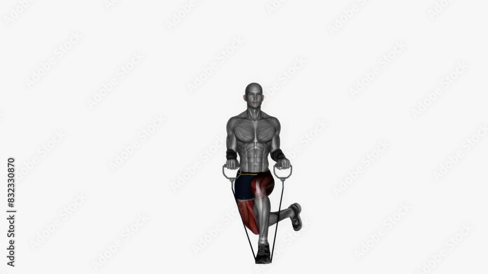 3D animation of a fitness male model doing the curtsy lunges workout with resistance band 3D animation of a fitness male model doing the curtsy lunges workout with resistance band