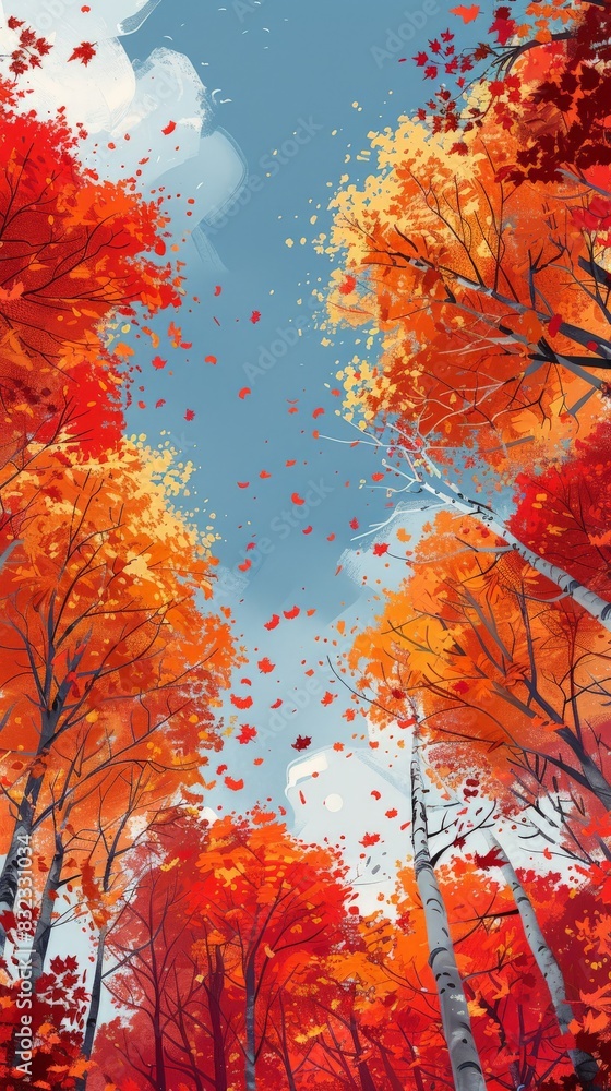 Depict the vibrant foliage of autumn in a minimalist digital artwork. Show trees ablaze with fiery reds, oranges, and yellows against a clear blue sky or muted background. Use bold, expressive Depict the vibrant foliage of autumn in a minimalist digital artwork. Show trees ablaze with fiery reds, oranges, and yellows against a clear blue sky or muted background. Use bold, expressive