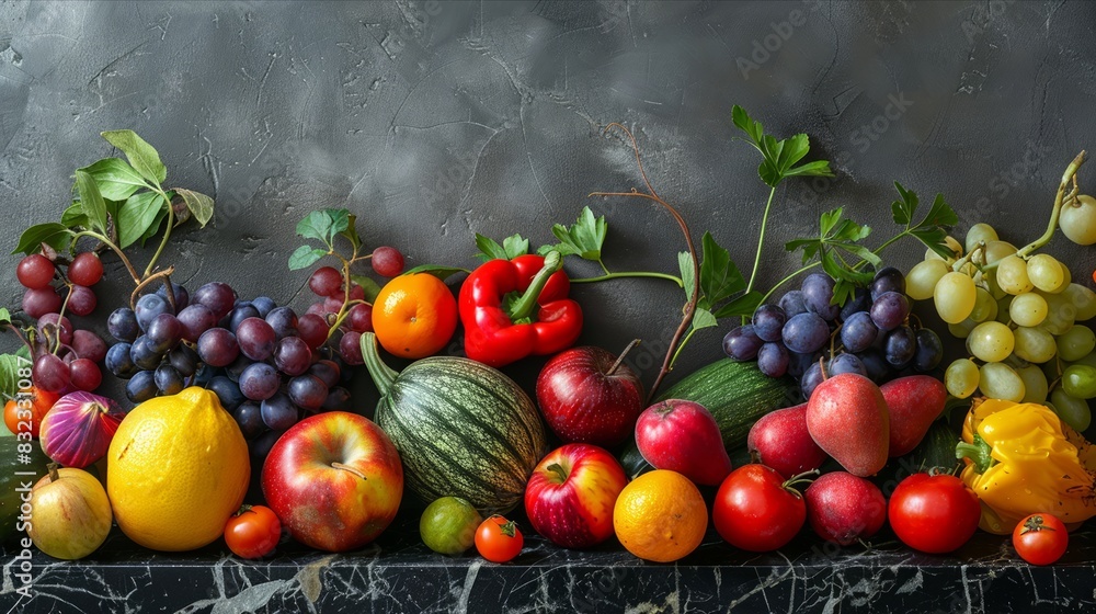 Vibrant fruits and vegetables artistically placed on black stone backdrop Vibrant fruits and vegetables artistically placed on black stone backdrop