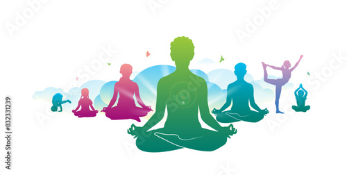 vector illustration of yoga day banner. group of people practicing yoga on international yoga day.