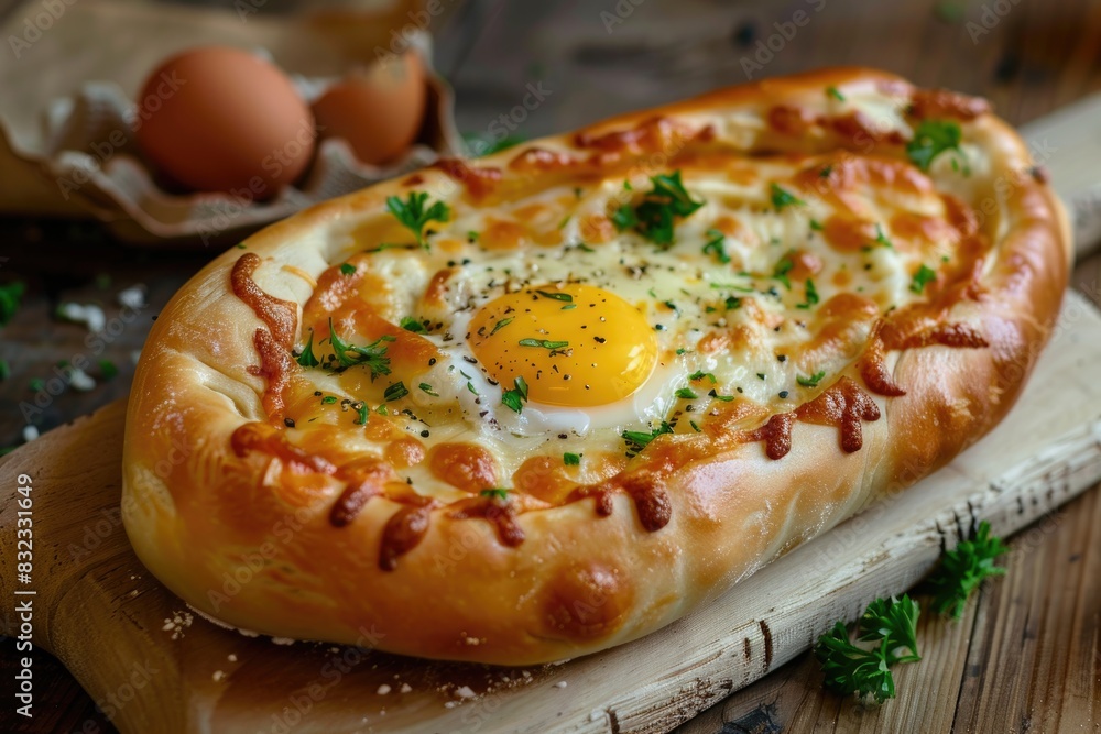 Georgian Khachapuri Bread with Egg and Cheese on Rustic Wooden Table Georgian Khachapuri Bread with Egg and Cheese on Rustic Wooden Table