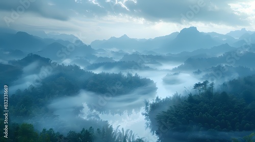 **Imagin Soft Scene Hues of a misty river valley, with fog rolling in over the hills © Nazia