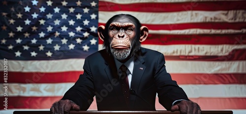 Chimpanzee Politician Standing at Lectern photo
