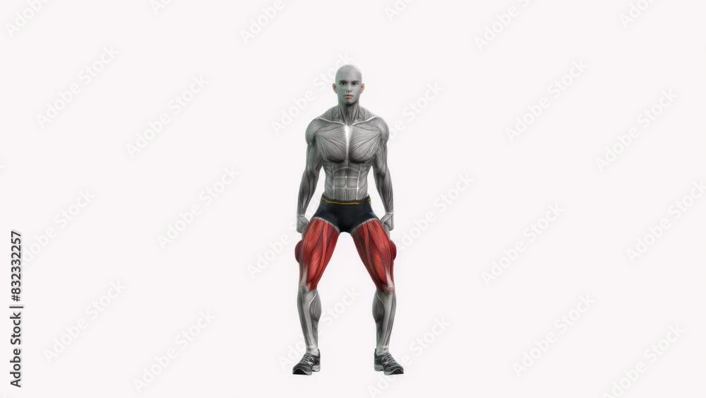 3D animation of a fitness male model doing the kettlebell squats workout on isolated background 3D animation of a fitness male model doing the kettlebell squats workout on isolated background