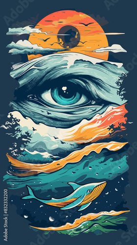 Vector illustration of an eye of the mermaid and the sea.