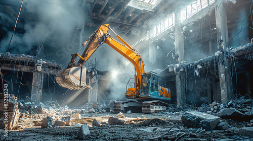 Dynamic scene of excavator working in industrial demolition site