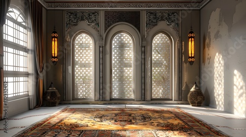 Empty room with Arabic design with windows and carpet, for placing products or video backgrounds