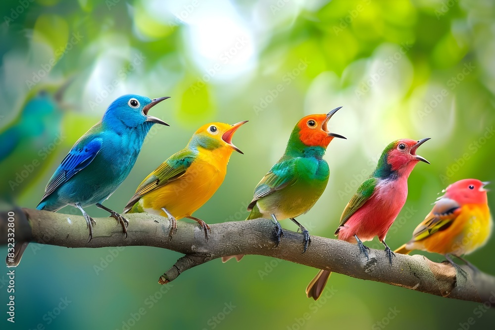 Vibrant Songbirds Perched on Tree Branch in Lush Natural Environment Vibrant Songbirds Perched on Tree Branch in Lush Natural Environment