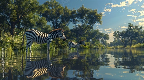 Zebras standing in serene water reflecting calmness of the natural setting