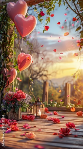Romantic outdoor scene with heart balloons and rose petals scattered on a wooden deck at sunset. Beautiful floral decor with serene background.