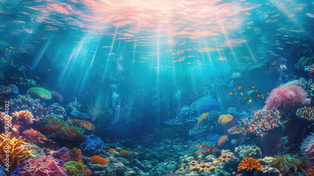 Coral reef with sun rays filtering through the water, creating dappled light patterns, realistic style, warm and cool tones, tranquil and beautiful,