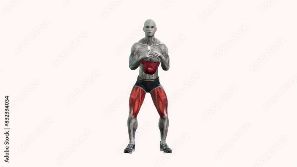3D illustration animation of a fitness male model doing the goblet kettlebell squats workout 3D illustration animation of a fitness male model doing the goblet kettlebell squats workout
