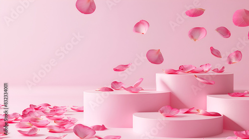 Podium in the pink background rose petals falling. Studio podium for product advertising. Stage stand. Blank podium. Display platform cosmetic and spa presentation,Pink podium state for presentation 