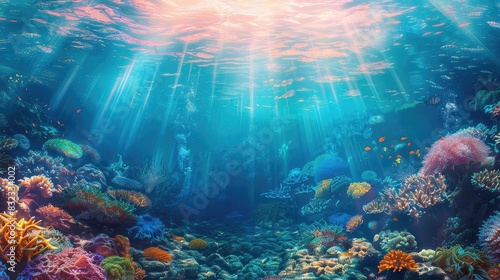 Coral reef with sun rays filtering through the water, creating dappled light patterns, realistic style, warm and cool tones, tranquil and beautiful, © NeeArtwork