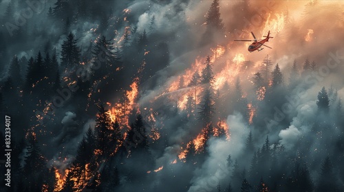 Aerial firefighting efforts to control raging wildfire in dense forest photo