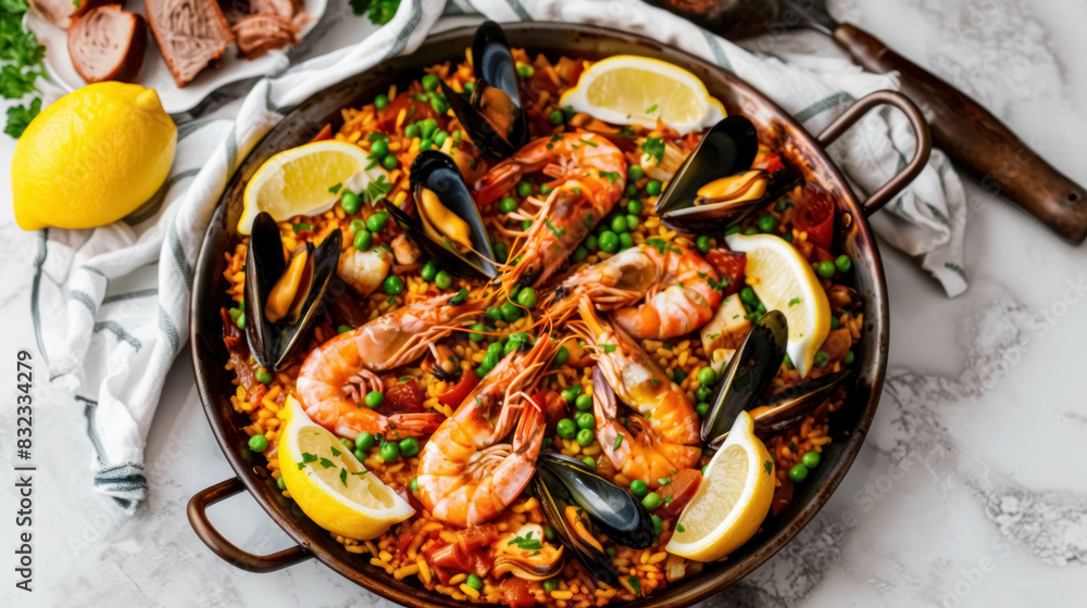 Traditional Spanish Paella Dish, Saffron Rice, Shrimp, Mussels, Squid, Chicken, Rabbit, With Lemon Wedges And Fresh Parsley Traditional Spanish Paella Dish, Saffron Rice, Shrimp, Mussels, Squid, Chicken, Rabbit, With Lemon Wedges And Fresh Parsley