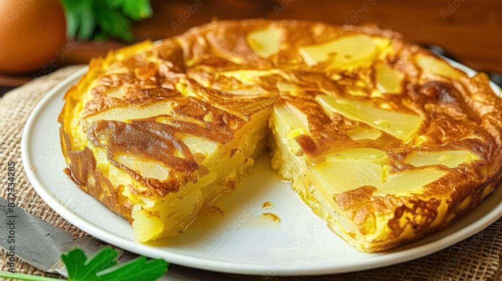 Traditional Spanish Tortilla Dish, Thick Spanish Omelette With Layers Of Thinly Sliced Potatoes And Onions, Cooked Until Crispy And Served In Wedges