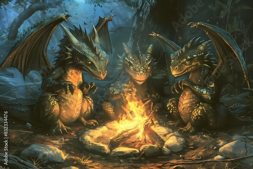 Friendly Mythical Creatures Enjoying a Campfire in Forest Landscape