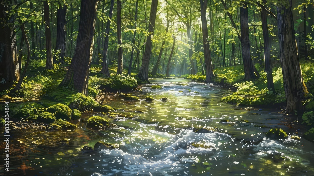 Crystal clear stream flowing through a lush forest, sunlight filtering through trees, realistic style, vibrant greens and blues, tranquil and serene, Crystal clear stream flowing through a lush forest, sunlight filtering through trees, realistic style, vibrant greens and blues, tranquil and serene,
