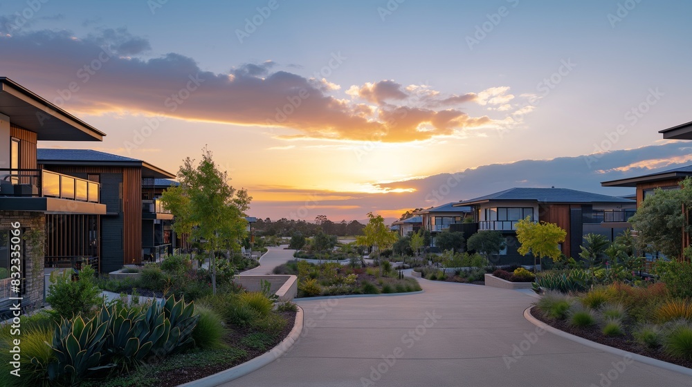 A panoramic view of a modern eco-friendly suburb at sunset, emphasizing sustainable construction and harmonious integration with the natural environment. A panoramic view of a modern eco-friendly suburb at sunset, emphasizing sustainable construction and harmonious integration with the natural environment.