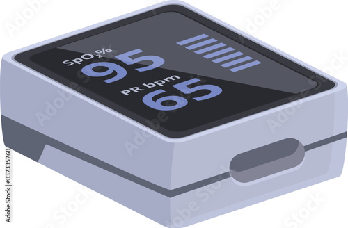 Digital rendering of an isolated pulse oximeter illustration on a white background for medical equipment oxygen saturation rate monitoring and healthcare respiratory support device