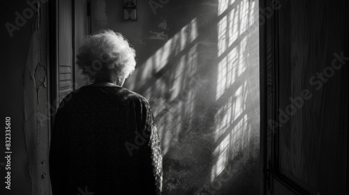 A grayscale photograph of an elderly woman standing in a doorway, bathed in the light streaming through a window