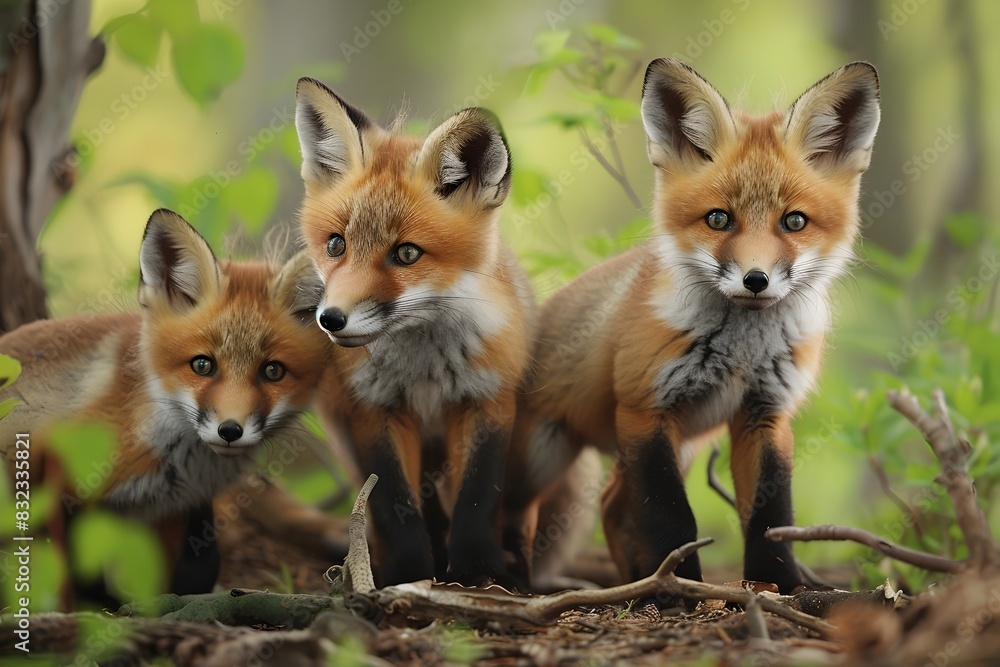 Fototapeta premium Charming Baby Foxes Playing in the Lush Forest