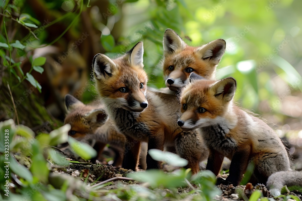 Charming Baby Foxes Exploring and Playing in the Forest Habitat Charming Baby Foxes Exploring and Playing in the Forest Habitat