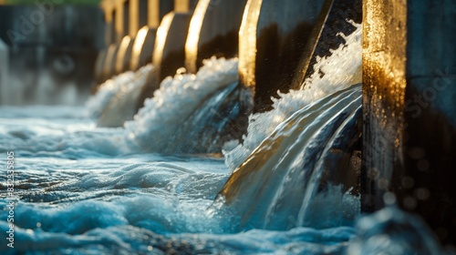 A close-up of the flowing water through a hydroelectric dam s spillway. The image captures the power of water as it rushes through the open gates  emphasizing the force used to generate electricity.