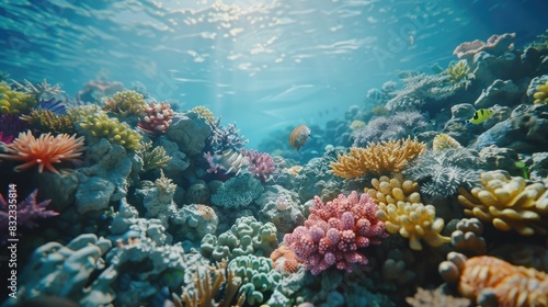 a vibrant coral reef corridor, teeming with an array of colorful corals, with a small, lone oyster nestled amidst the marine splendor. © lililia