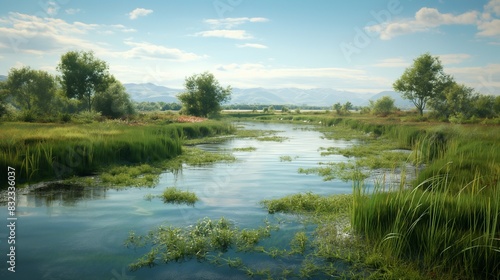 A portrayal of a bio-filtering wetland artificially created to clean industrial wastewater before it is released back into a river.