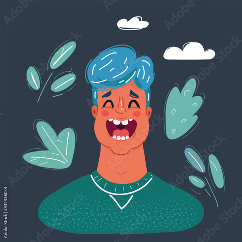 Cartoon vector illustration of real funny face of man on dark background.