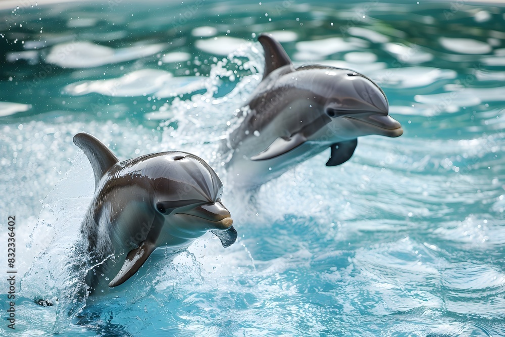 Obraz premium Adorable Jumping Dolphins Splashing in the Turquoise Ocean