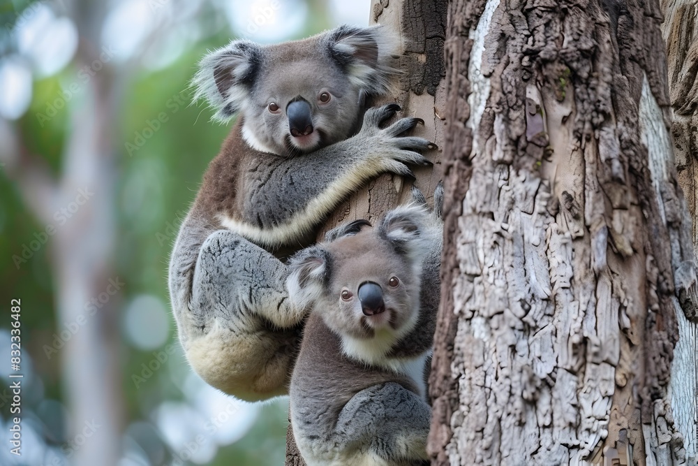 Obraz premium Charming Baby Koalas Climbing up a Eucalyptus Tree in Natural Habitat