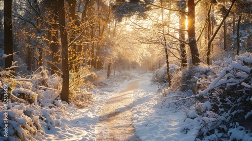Scenic winter pathway in sunny woodland