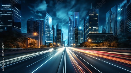 A modern cityscape with light trails from cars at night 