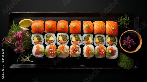 A plate of sushi rolls with fresh fish and vegetables,