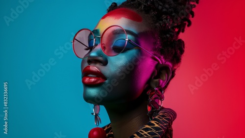 Queer individual posing with colorful makeup in a studio focus on selfexpression and creativity vibrant Blend mode studio backdrop photo