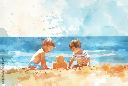Side view flat design of children at the beach making a sandcastle, in watercolor style close up, playful day, surreal, Multilayer, beach towel backdrop
